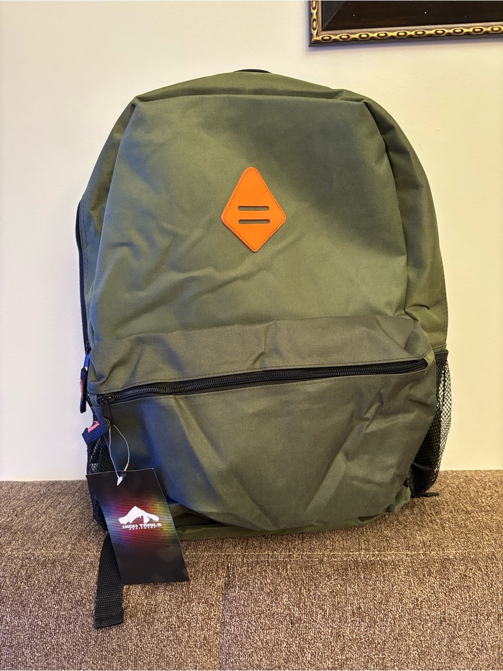 Unisex Olive Green Everyday Backpack with Orange Accent